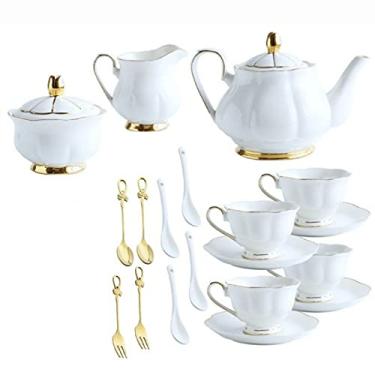 Imagem de Conjuntos de chá com bule de chá, conjunto de chá da tarde, xícara de café e pires com açucareiro, jarro de leite e colheres