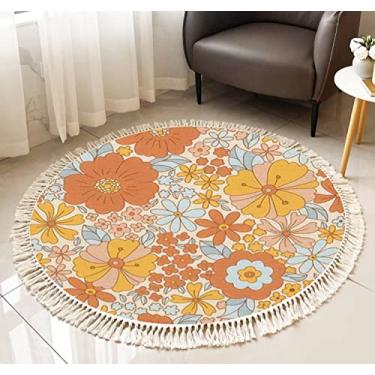 Imagem de Tapete de franja redondo retrô anos 70 anos 60 floral hippie verão floral floral infantil sem costura boho tapete de área borla linho tecido à mão pátio corredor tapete decoração de casa sala de estar