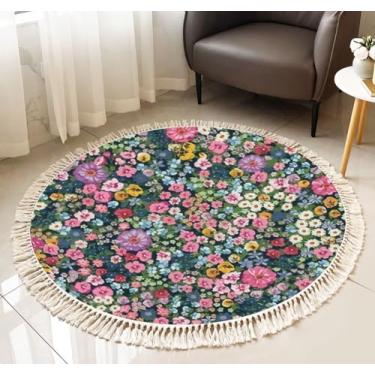 Imagem de Tapete redondo com franjas, prado de verão, padrão sem costura, planta para papéis de parede da moda, estampa, um tapete de área boho, borla, tapete de linho, tecido à mão, pátio, corredor, tapete de