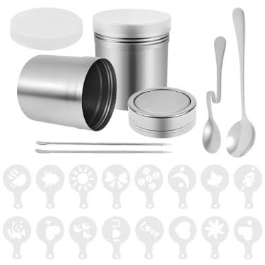 Imagem de 2 coqueteleiras em pó de aço inoxidável de malha fina em pó com 16 modelos, 2 colheres de café, 2 pontos de agitação, kit de peneiras de café e chocolate para decoração de café com leite (pacote com 2