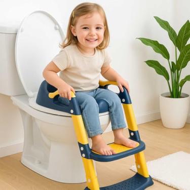 Imagem de Assento Redutor Infantil para Vaso Sanitário com Escada Ajustável Antiderrapante Almofadado Dobrável Troninho de Treinamento Criança (Azul)