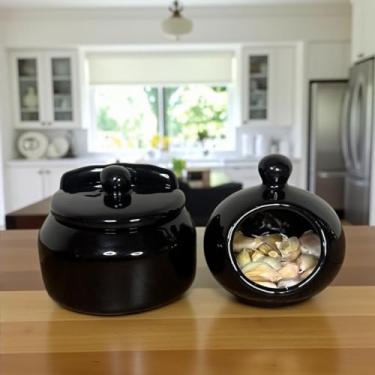 Imagem de Kit Porta Alho e Sal Preto de Cerâmica Para Cozinha