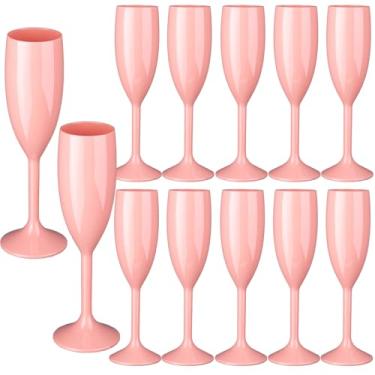 Imagem de 12 peças de taças de champanhe rosa claro, taças de champanhe acrílicas de 170 g, taças de plástico, taças de mimosa de vinho, torradas de casamento, à prova de estilhaçamento, reutilizáveis, vintage