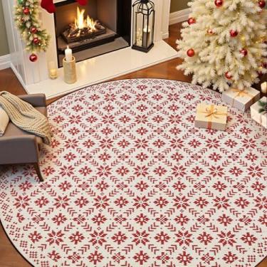 Imagem de jinchan Tapete de Natal redondo de malha para sala de jantar 2,1 m círculo vermelho tapete de férias para sala de estar clássico floco de neve impresso tapete interno macio para quarto lavável