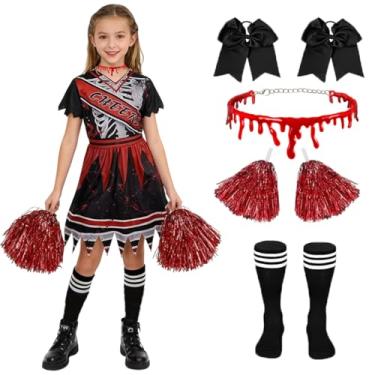 Imagem de Creepy Cheerleader Costume for Girls, Zombie Cheerleader Costume for Kid, Bloody Cosplay Fearsome Dress Red