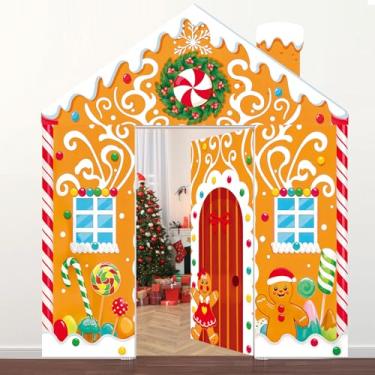 Imagem de 4 peças de decoração de porta de gengibre de Natal, placa de banner de varanda de doces de casa de gengibre para Natal, férias, sala de aula, escritório, casa, decoração de festa