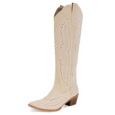 Imagem de SOVANYOU Botas femininas caubói ocidentais bico fino amêndoa salto bloco brilhante cowgirl bota alta, Damasco, 35