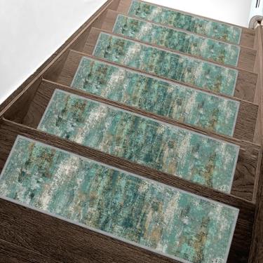 Imagem de Escadas antiderrapantes para degraus de madeira 15 peças - tapete de segurança interno de 20,3 x 76,2 cm, tapetes de borda com adesivo TPE, tapetes de escada adequados para animais de estimação e