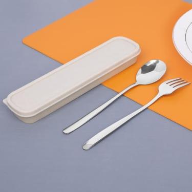 Imagem de Conjunto de utensílios de viagem reutilizáveis com capa, conjunto de talheres portáteis de aço inoxidável para lancheira, incluindo garfo de colher de 20,6 cm, prata