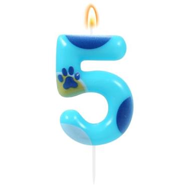 Imagem de IDIJOLI Vela azul de 5º aniversário, pata de cachorro e gato, número 5 velas, enfeite de bolo de aniversário, decorações de cupcake para meninos e cães, decoração de festa de aniversário