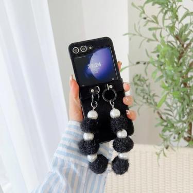 Imagem de Capa para Samsung Galaxy Z Flip 5 com alça de pulso de couro sintético perolado e proteção de dobradiça, capa à prova de choque (para Samsung Galaxy Z Flip 5/preto)