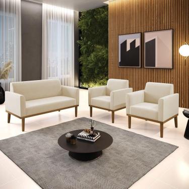 Imagem de Conjunto 2 Poltronas E 1 Namoradeira Decorativa Pés Fixo Em Madeira Castanho Suede Bege