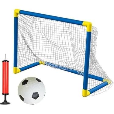Imagem de Mini Trave de Futebol Infantil DDG com Bola e Bombinha - Gol Azul e Vermelha/Amarela, Rede Branca, Kit Completo para Crianças - Brincadeira de Chute ao Gol