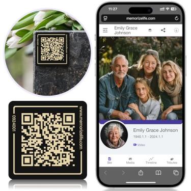 Imagem de BERXOL Placa de código QR Memorial para lápides de cemitério com chaveiro QR Memorial – Crie e compartilhe página da web personalizada com fotos, vídeos e memórias para a perda de entes queridos