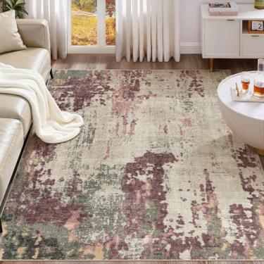 Imagem de UERMEI Tapete de área de 15 x 23 cm - Lavável, neutro, moderno, abstrato, macio, fino, tapete antiderrapante para quarto, embaixo da mesa de jantar, decoração de escritório em casa - roxo/verde/bege