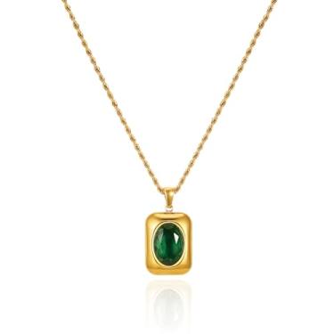 Imagem de Dckazz Colar feminino verde esmeralda de ouro grosso, pingente quadrado de pedra verde, pedra do mês de nascimento, declaração, aço inoxidável banhado a ouro 14 K