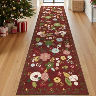 Imagem de U'Artlines Tapete de corredor para corredores, 2'15.2 cm x 10' Tapete floral colorido macio antiderrapante lavável tapete vermelho corredores para entrada, lavanderia, banheiro