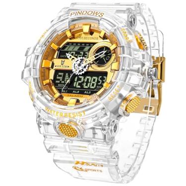 Imagem de PINDOWS Relógio masculino digital esportivo, relógio digital externo, à prova d'água, militar, tela LED, mostrador grande, mostrador duplo, cronômetro, alarme, relógio de pulso