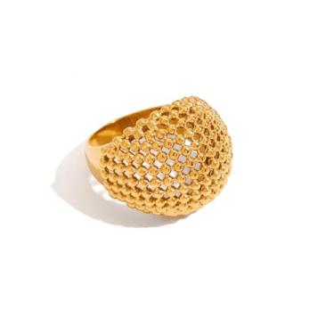 Imagem de Anel de declaração de cúpula grossa para mulheres e homens - Anel de dedo de promessa croissant oco banhado a ouro 14K com contas de ouro 14 quilates, joia de aniversário de noivado para mãe, tamanho