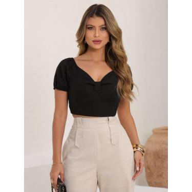 Imagem de Cropped de Linho com Laço nas Costas e Decote Coração - Lumia, Preto, 