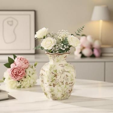 Imagem de Geniff Vaso de cerâmica vintage rústico verde e marrom de 14 cm, decoração de cerâmica de fazenda estética para sala de estar, sala de jantar, estante de livros e escritório