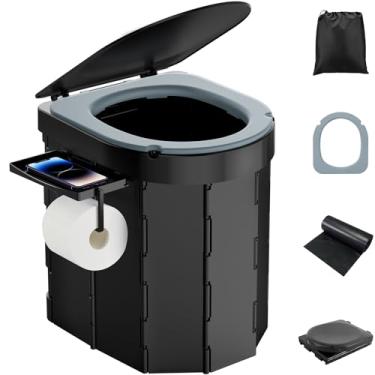 Imagem de Vaso sanitário de acampamento portátil, porta dobrável para adultos com almofada macia, banheiros de viagem de carro com suporte de papel higiênico destacável e prateleira de telefone para atividades