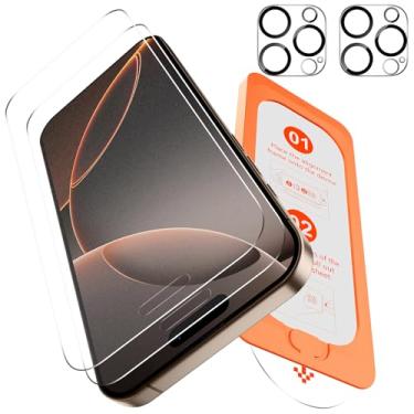 Imagem de OMOTON Pacote com 2 + 2 protetores de tela de vidro fosco para iPhone 16 Pro, [alinhamento automático, remoção automática de poeira], película de vidro temperado antirreflexo e anti-impressões