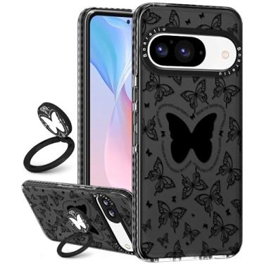 Imagem de Boaretiu Capa fofa Kawaii para Google Pixel 9/9Pro com suporte - Design de suporte de anel giratório adesivo de 360° para mulheres meninas e meninas para Google Pixel 9/9Pro, capa borboleta