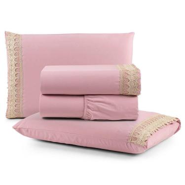 Imagem de Jogo De Lençol Rubi Queen 3 Pçs 100% Algodão 200 Fios Ponto Palito Bordado - Rosê