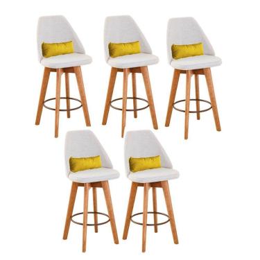 Imagem de Kit 05 Banquetas Alta Maya Giratória Com Encosto Gourmet Linho Bege e Almofada Corino Amarelo - Aurora Line