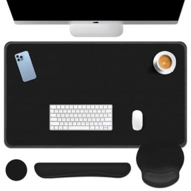 Imagem de Britimes Conjunto de mouse pad preto preto 4 em 1 grande mousepad + apoio de pulso para teclado + descanso de pulso para mouse + porta-copos design ergonômico para computador de escritório doméstico