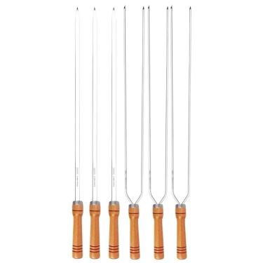 Imagem de Kit 6 Espetos 75Cm Preparo Churrasco Cabo Madeira Aço Mor