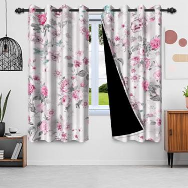 Imagem de SIEDYCV Cortinas de janela vintage primavera floral 106 x 213 cm cinza retrô rosa peônia rosa margarida flor cortinas de janela com forro preto cortinas blackout com isolamento térmico para decoração