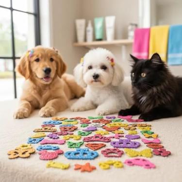 Imagem de Kit de Mini Adesivos para Pet - Cola Importada - 40 adesivos em cores Diversas, formatos diversos, como ossinho, coração, coroa