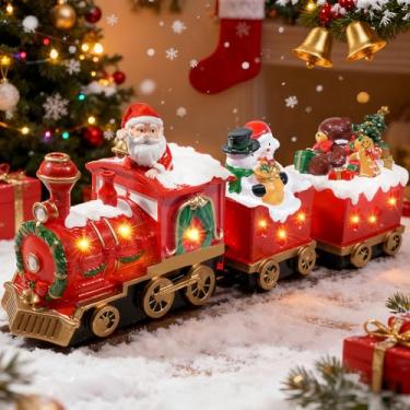 Imagem de Furjane Estatuetas de trem de Natal da vila de Natal Papai Noel decoração de trem decorativo de resina conjunto de trem de Natal para mesa interna e decoração de lareira