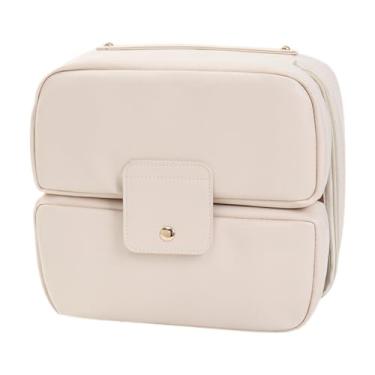 Imagem de KiBcsLic Nécessaire de maquiagem em couro PU, organizador de cosméticos para banheiro com divisórias, leve e portátil, ideal para netas e mulheres, Bege