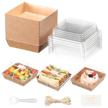 Imagem de Caixas de charcutaria com tampas transparentes e fita - Recipientes de papel descartáveis para sobremesas, caixas para sanduíche, biscoito, fatia de bolo, frutas, salada, perfeitos para petiscos de