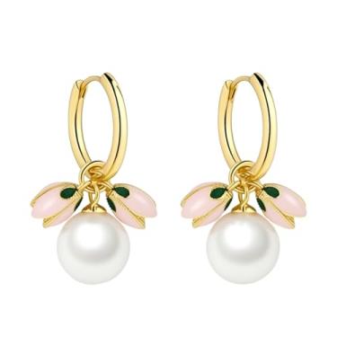 Imagem de Presente para damas de honra, aniversário de casamento, aniversário, brincos de argola pequenos de ouro, brincos de pérola branca tulipa para mulheres, banhado a ouro, design pendente pendente