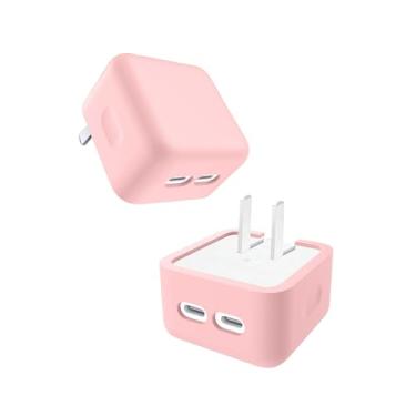 Imagem de Capa para Apple Adaptador de alimentação compacto de porta dupla USB-C de 35 W, capa protetora de silicone macio FJIASTB para crianças, à prova de choque (rosa)