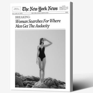 Imagem de Pôster vintage preto e branco em tela de jornal arte de parede New York Times impressão de manchete pintura para casa quarto dormitório bar carrinho decoração de parede 30,5 x 45,7 cm emoldurado