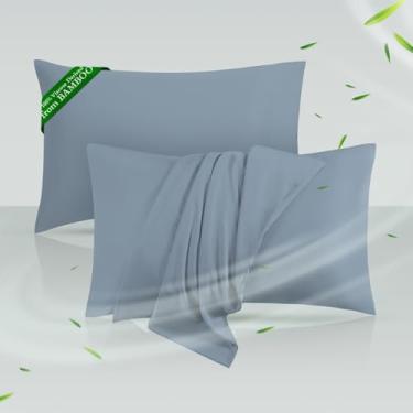 Imagem de Conjunto de 2 fronhas refrescantes tamanho Queen, viscose derivada de bambu para pessoas que dormem quentes, fronhas macias e sedosas com fecho de envelope (azul mineral, pacote com 2, 51 x 76 cm)
