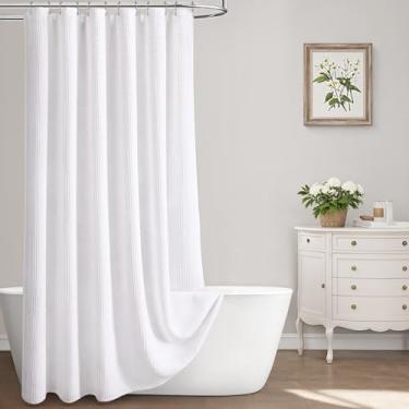 Imagem de SMTHOM Cortina de chuveiro Waffle Weave de algodão textura cortina de chuveiro para banheiro branca, 48Lx72C