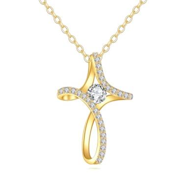 Imagem de YFN Colar de cruz de ouro 14K para mulheres com pingente de pedra do mês de nascimento e crucifixo de abril, joias para presentes