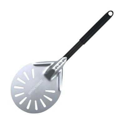 Imagem de Espátula de pizza perfurada de 15 cm, espátula de metal com cabo longo, para uso interno e externo (extensão de 30 cm)