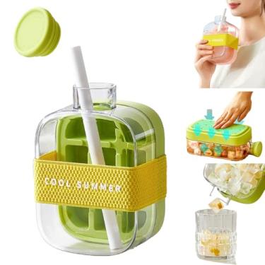 Imagem de Garrafa de cubo de gelo 2 em 1 com canudo e tampa à prova de vazamento, bandeja de gelo fácil de pressionar, garrafa de suco, máquina de gelo vertical para freezer/viagem/academia e uso doméstico (500