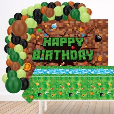 Imagem de Kit Guirlanda Balões Pixel, Decoração Aniversário Video Game com Tecido Fundo Toalha Mesa Corrente Orifício Duplo & Pontos Cola para Decoração Festa Aniversário Menino e Carnaval