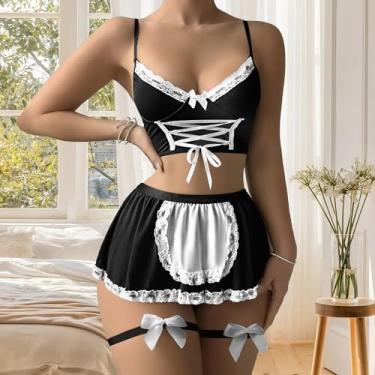 Imagem de Conjunto de lingerie para mulheres, mini saia sexy, conjunto de lingerie sexy de renda, roupa de empregada exótica para mulheres, Preto, Large