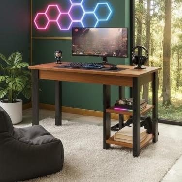Imagem de Mesa Industrial para Computador com 2 Prateleiras Multiuso - Design Robusto e Funcional para Escritório e Home Office(PRETO,Madeira)