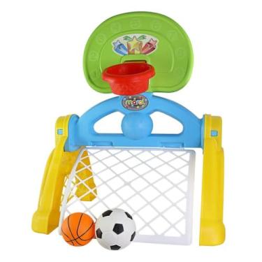 Imagem de Centro Esportivo 2 em 1 Infantil, Tabela de Basquete e Gol de Futebol, Plástico, Amarelo/Azul/Verde, com Bolas, Manual, Para Crianças 18 Meses a 6 Anos, Uso Interno