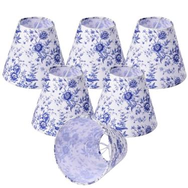 Imagem de Conjunto de 6 cortinas de lustre com encaixe, pequeno império, tecido estampado 7,9 cm x 15 cm x 13 cm para candelabros E12, capas de luz com design floral de pássaro azul para lustres, arandelas de